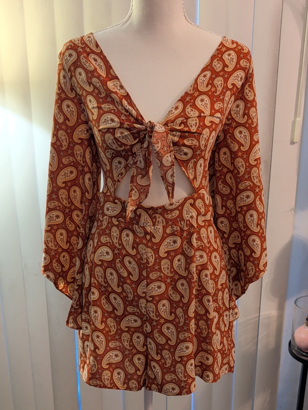 SHEIN XL Rust Paisley Tie-Front Mini Dress